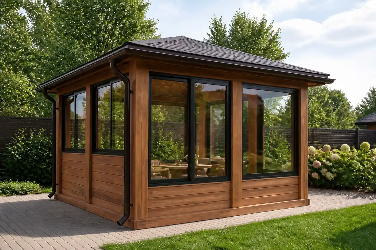 Беседка 3×3 с алюминиевыми окнами «Алюстар» — беседка 3×3, 3,0 × 3,0 м, 9 м²